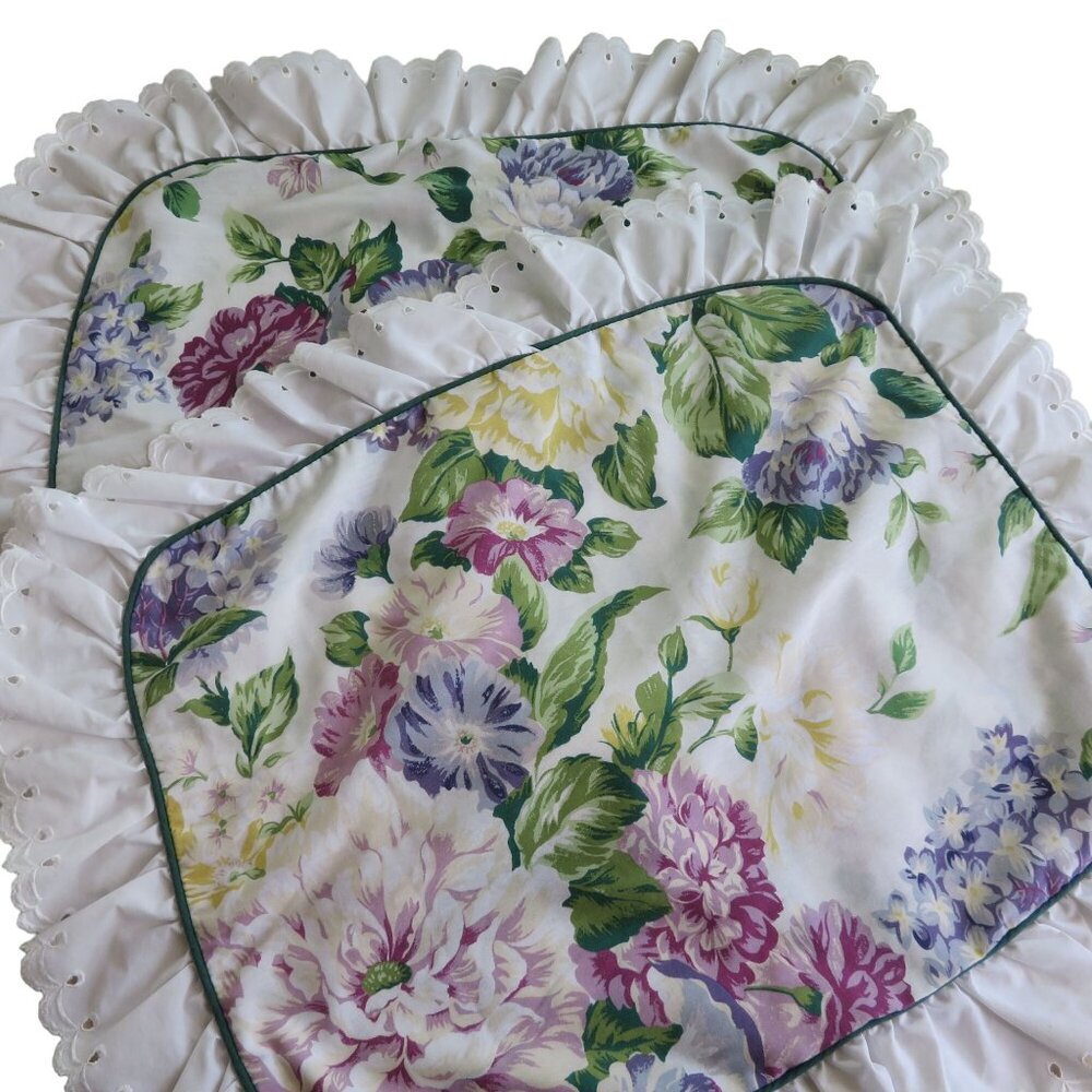 Vintage Standard Pillow Shams Pair of 2 Floral Lace Ruffle Cottage Core French